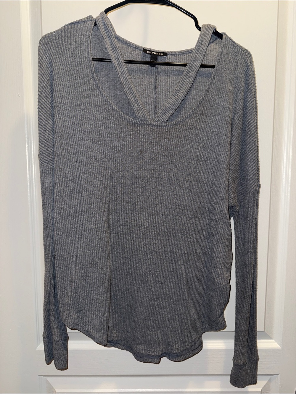 Express Grey Ribbed V-Neck Long Sleeve Top